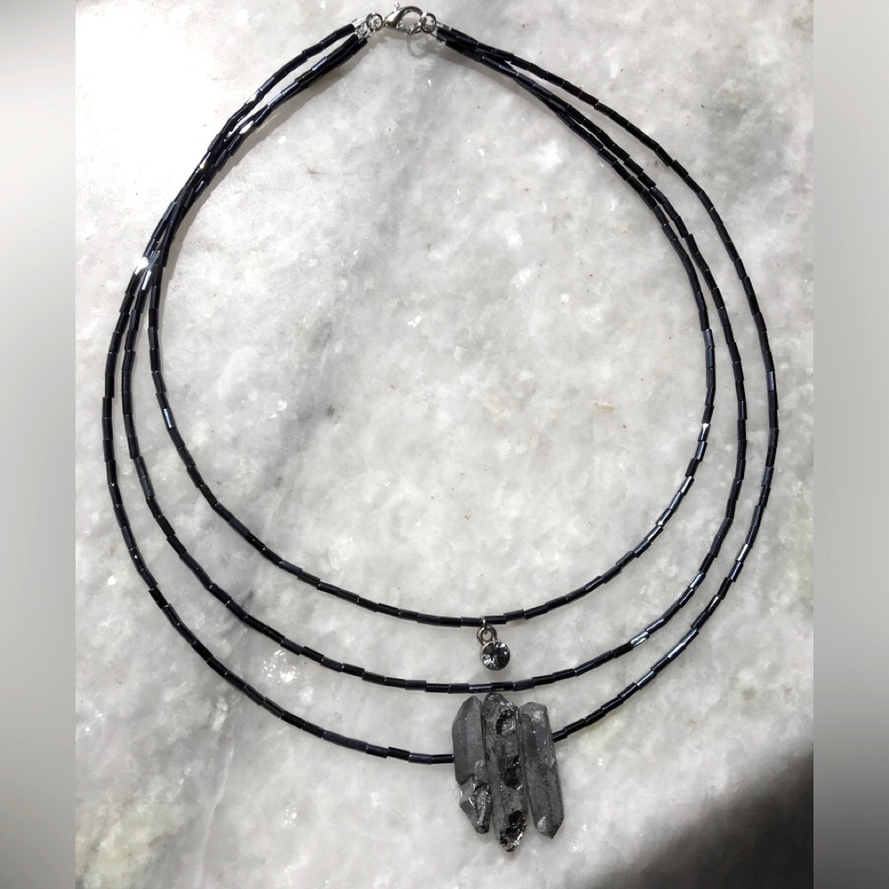 Triple Strand Gunmetal Silver Bead Necklace with Silver Quartz Crystal Pendant ✨